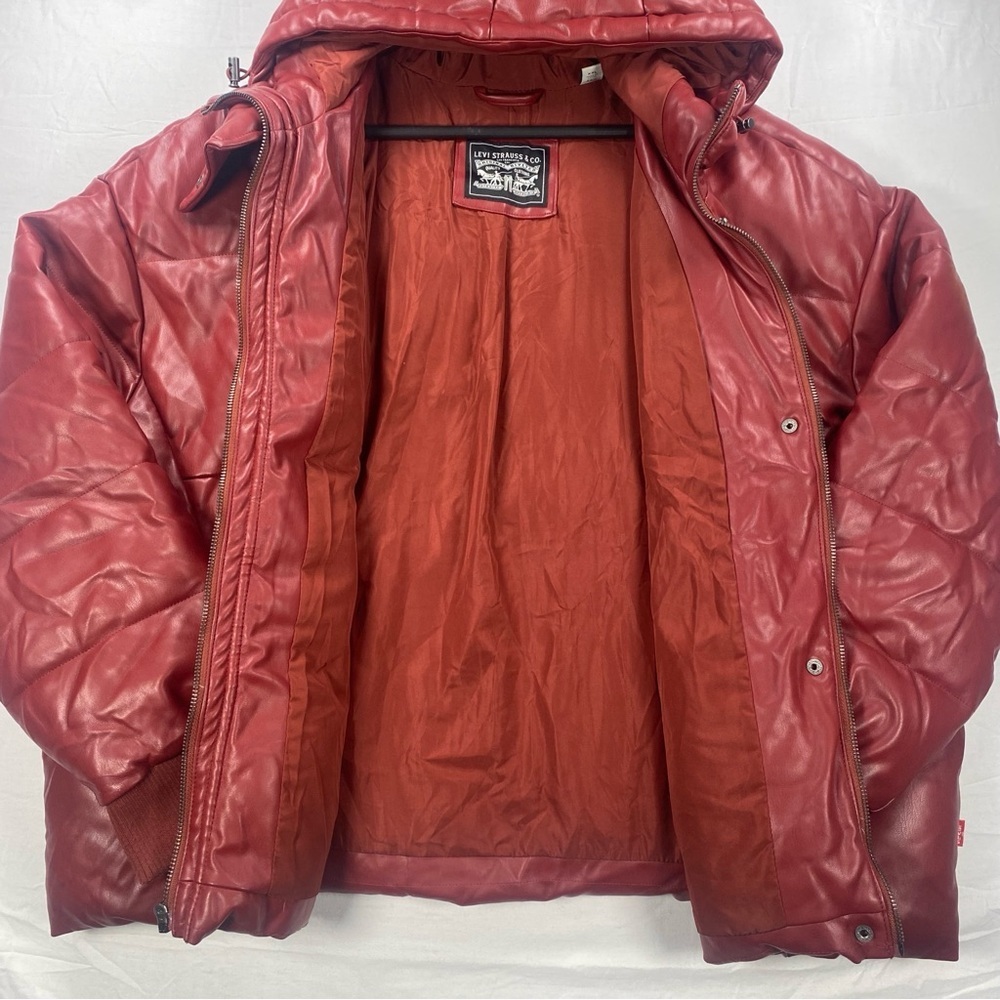 Levi's Women’s Faux Leather Cinch Waist Red Hooded Puffer Coat Size XXL - Picture 3 of 12